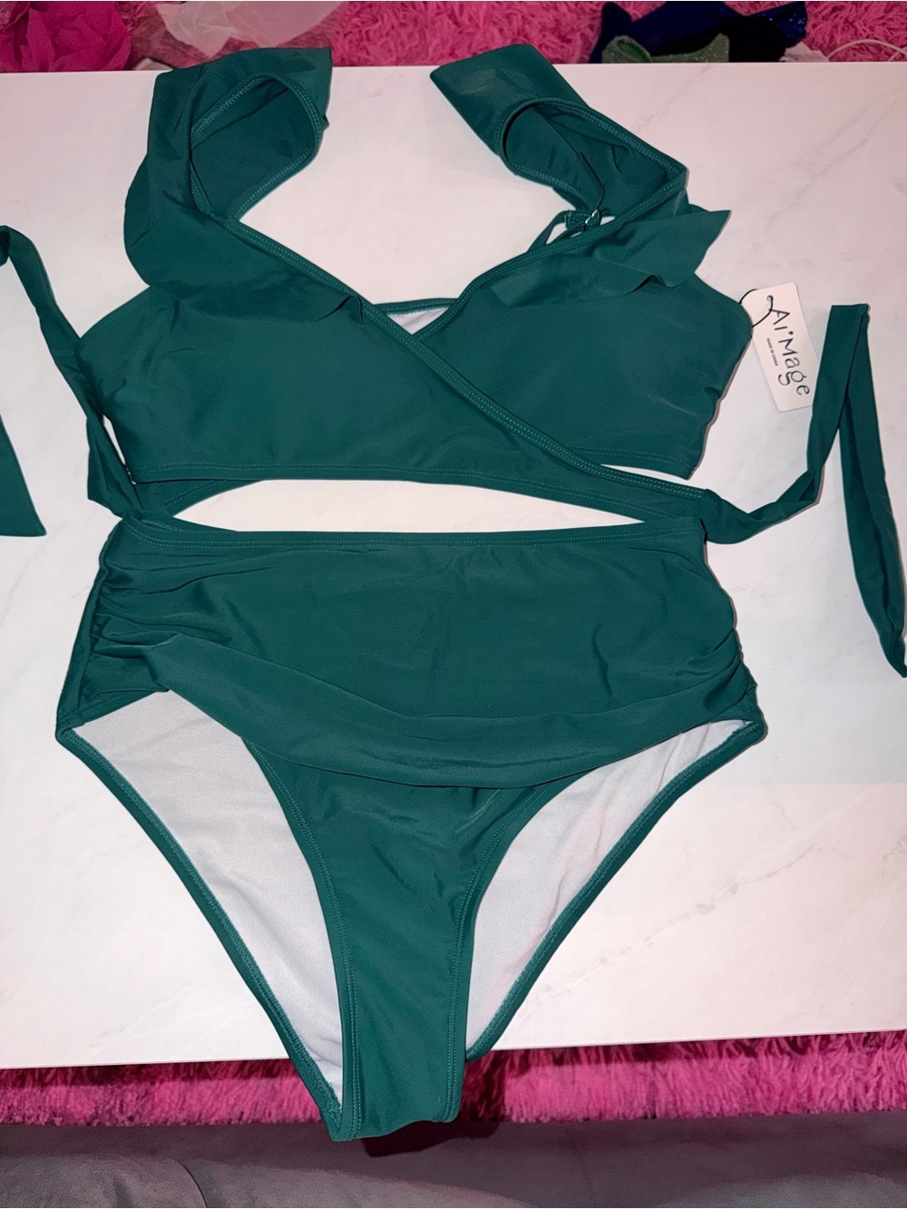 Women's Green Wrap Top High-Waist Bikini Set. Size M